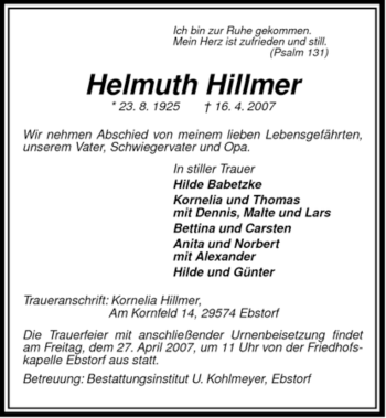 Traueranzeige von Helmuth Hillmer von ALLGEMEINE ZEITUNG UELZEN