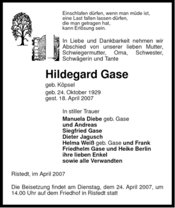 Traueranzeige von Hildegard Gase von ALLGEMEINE ZEITUNG UELZEN