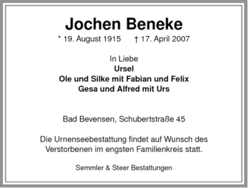 Traueranzeige von Jochen Beneke von ALLGEMEINE ZEITUNG UELZEN