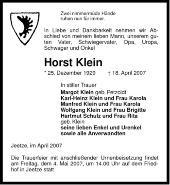 Traueranzeige von Horst Klein von ALLGEMEINE ZEITUNG UELZEN