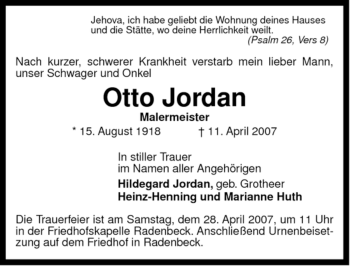 Traueranzeige von Otto Jordan von ALLGEMEINE ZEITUNG UELZEN