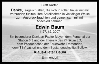 Traueranzeige von Edwin Baum von ALLGEMEINE ZEITUNG UELZEN