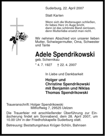 Traueranzeige von Adele Spendrikowski von ALLGEMEINE ZEITUNG UELZEN