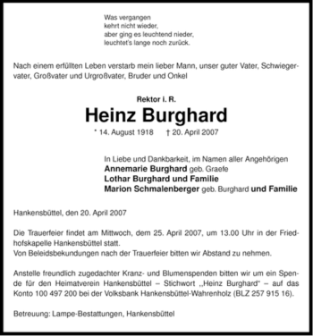 Traueranzeige von Heinz Burghard von ALLGEMEINE ZEITUNG UELZEN