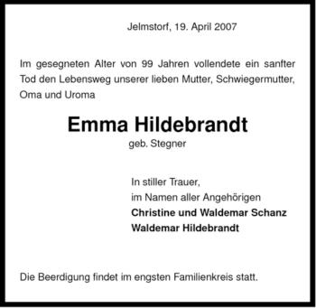 Traueranzeige von Emma Hildebrandt von ALLGEMEINE ZEITUNG UELZEN