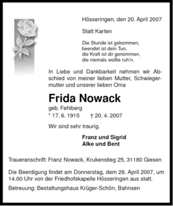 Traueranzeige von Frida Nowack von ALLGEMEINE ZEITUNG UELZEN