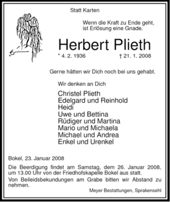 Traueranzeige von Herbert Plieth von ALLGEMEINE ZEITUNG UELZEN