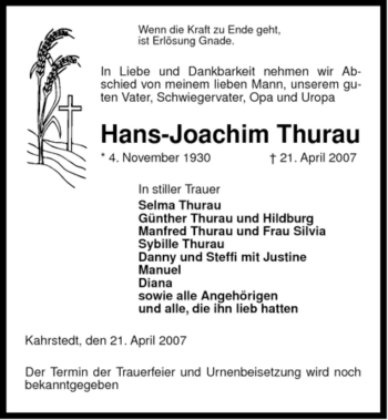 Traueranzeige von Hans-Joachim Thurau von ALLGEMEINE ZEITUNG UELZEN