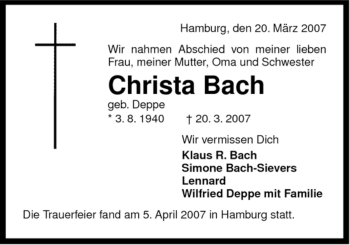 Traueranzeige von Christa Bach von ALLGEMEINE ZEITUNG UELZEN