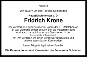 Traueranzeige von Friedrich Krone von ALLGEMEINE ZEITUNG UELZEN