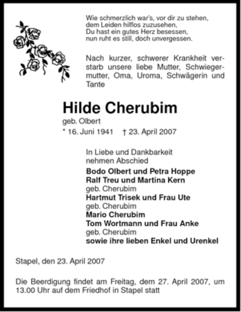 Traueranzeige von Hilde Cherubim von ALLGEMEINE ZEITUNG UELZEN