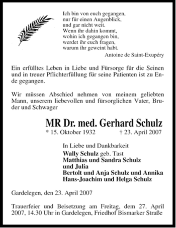 Traueranzeige von MR. med. Gerhard Schulz von ALLGEMEINE ZEITUNG UELZEN