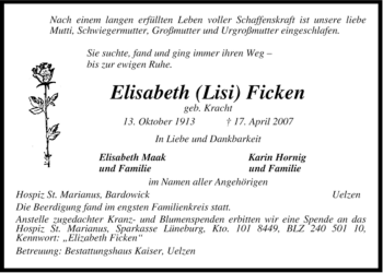 Traueranzeige von Elisabeth Ficken von ALLGEMEINE ZEITUNG UELZEN