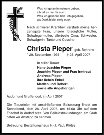 Traueranzeige von Christa Pieper von ALLGEMEINE ZEITUNG UELZEN