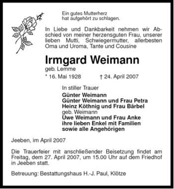 Traueranzeige von Irmgard Weimann von ALLGEMEINE ZEITUNG UELZEN