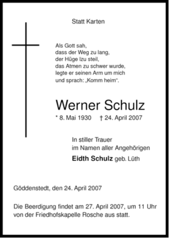 Traueranzeige von Werner Schulz von ALLGEMEINE ZEITUNG UELZEN