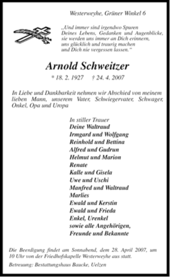 Traueranzeige von Arnold Schweitzer von ALLGEMEINE ZEITUNG UELZEN