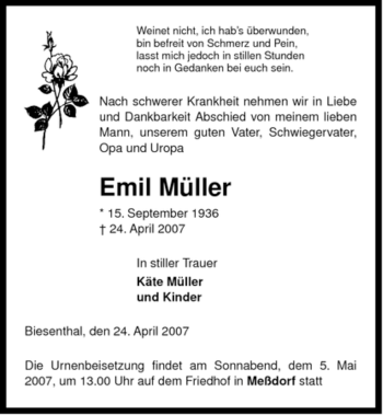 Traueranzeige von Emil Müller von ALLGEMEINE ZEITUNG UELZEN