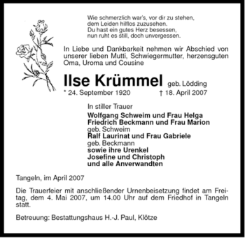 Traueranzeige von Ilse Krümmel von ALLGEMEINE ZEITUNG UELZEN