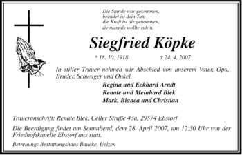 Traueranzeige von Köpke Siegfried von ALLGEMEINE ZEITUNG UELZEN