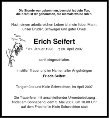 Traueranzeige von Erich Seifert von ALLGEMEINE ZEITUNG UELZEN