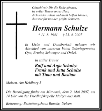 Traueranzeige von Hermann Schulze von ALLGEMEINE ZEITUNG UELZEN