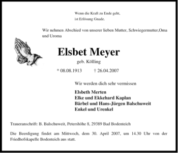 Traueranzeige von Elsbet Meyer von ALLGEMEINE ZEITUNG UELZEN