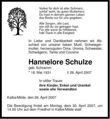 Traueranzeige von Hannelore Schulze von ALLGEMEINE ZEITUNG UELZEN