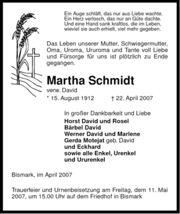 Traueranzeige von Martha Schmidt von ALLGEMEINE ZEITUNG UELZEN
