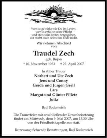 Traueranzeige von Traudel Zech von ALLGEMEINE ZEITUNG UELZEN
