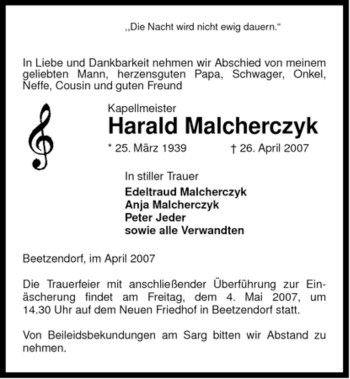 Traueranzeige von Harald Malcherczyk von ALLGEMEINE ZEITUNG UELZEN