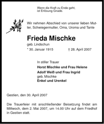 Traueranzeige von Frieda Mischke von ALLGEMEINE ZEITUNG UELZEN