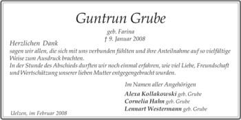 Traueranzeige von Guntrun Grube von ALLGEMEINE ZEITUNG UELZEN