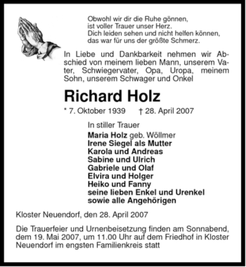 Traueranzeige von Richard Holz von ALLGEMEINE ZEITUNG UELZEN