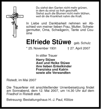 Traueranzeige von Elfriede Stüwe von ALLGEMEINE ZEITUNG UELZEN