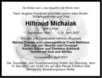 Traueranzeige von Hiltrud Michalak von ALLGEMEINE ZEITUNG UELZEN