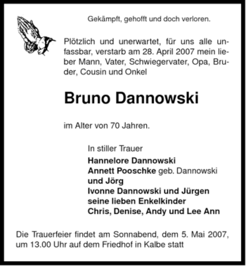 Traueranzeige von Bruno Dannowski von ALLGEMEINE ZEITUNG UELZEN