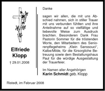 Traueranzeige von Elfriede Klopp von ALLGEMEINE ZEITUNG UELZEN