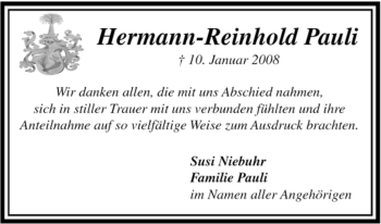 Traueranzeige von Hermann-Reinhold Pauli von ALLGEMEINE ZEITUNG UELZEN