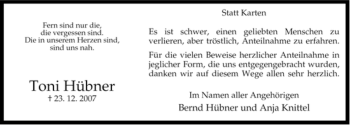 Traueranzeige von Toni Hübner von ALLGEMEINE ZEITUNG UELZEN