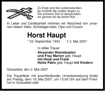 Traueranzeige von Horst Haupt von ALLGEMEINE ZEITUNG UELZEN