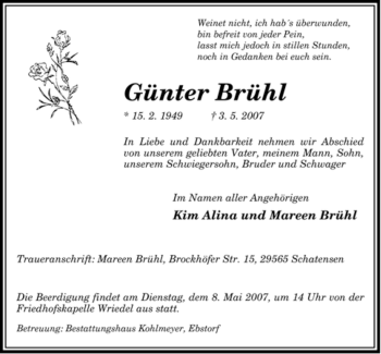 Traueranzeige von Günter Brühl von ALLGEMEINE ZEITUNG UELZEN