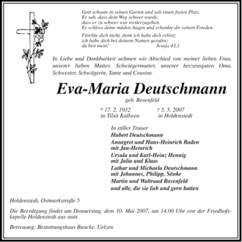 Traueranzeige von Eva-Maria Deutschmann von ALLGEMEINE ZEITUNG UELZEN