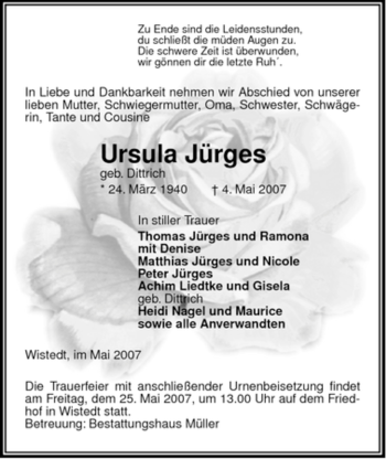 Traueranzeige von Ursula Jürges von ALLGEMEINE ZEITUNG UELZEN