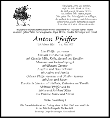 Traueranzeige von Anton Pfeiffer von ALLGEMEINE ZEITUNG UELZEN