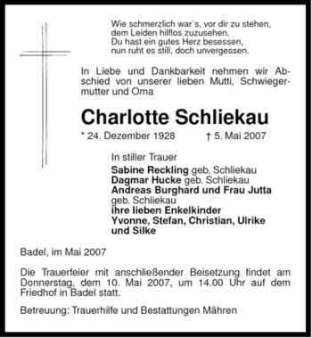 Traueranzeige von Charlotte Schliekau von ALLGEMEINE ZEITUNG UELZEN