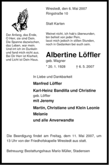 Traueranzeige von Albertine Löffler von ALLGEMEINE ZEITUNG UELZEN