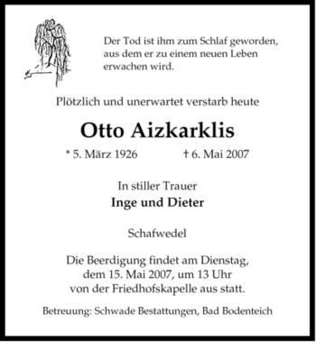 Traueranzeige von Otto Aizkarklis von ALLGEMEINE ZEITUNG UELZEN