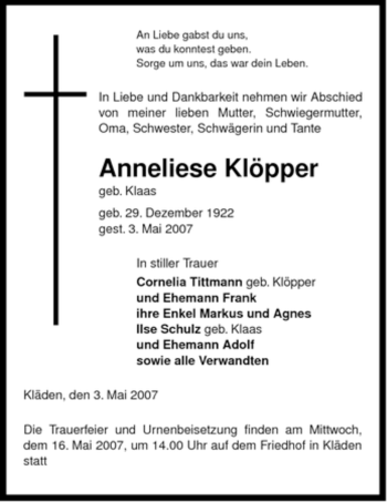 Traueranzeige von Anneliese Klöpper von ALLGEMEINE ZEITUNG UELZEN