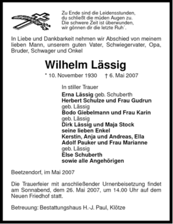 Traueranzeige von Wilhelm Lässig von ALLGEMEINE ZEITUNG UELZEN